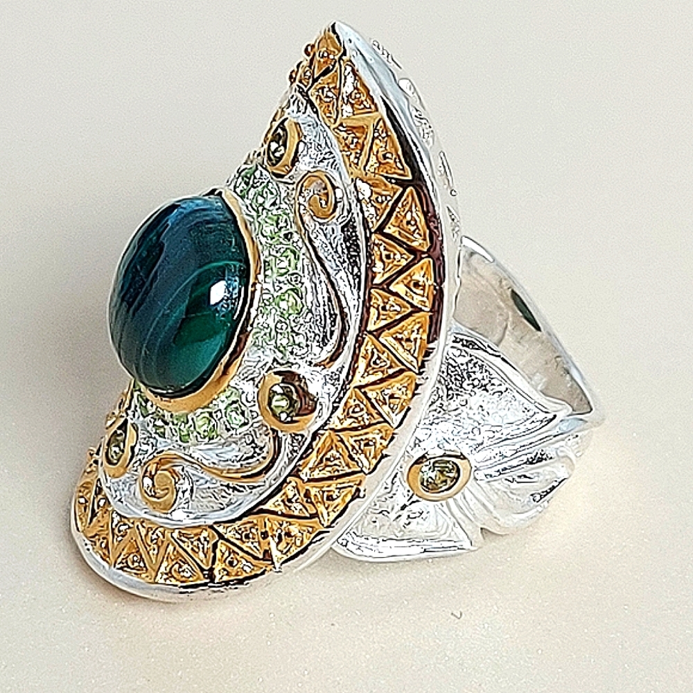 Handmade Natural Malachite‎ 925 Sterling Silver Ring Sz 7.5